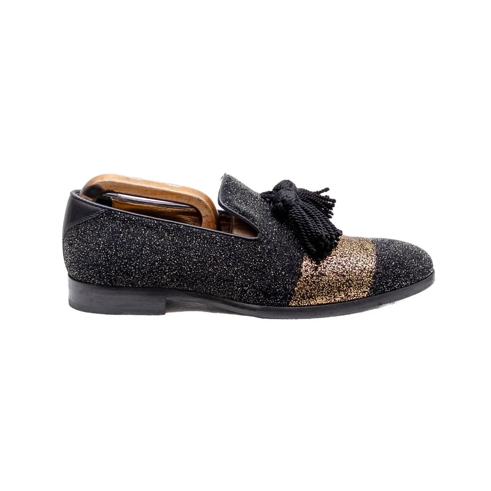 Jimmy Choo‎ Men's Foxley Black & Gold Glitter Tassel Loafers Size EU 40.5 / US 8
